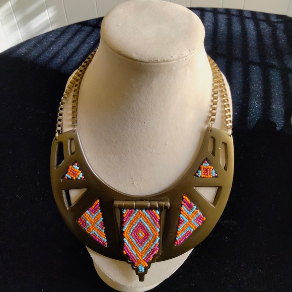 Iris Apfel & Bajalia Gold Toned Multicolored Beaded Bib Statement Necklace